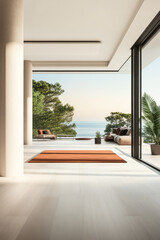 Serenity in modern interior with ocean view and natural light at sunset