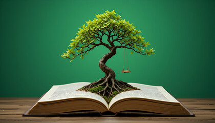 Whimsical Fusion: Bonsai Tree Growing from an Open Book
