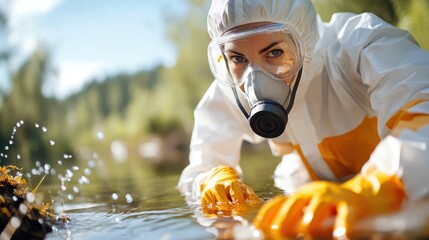 A determined scientist in protective gear is cleaning a waterway, symbolizing the importance of environmental conservation and dedication to ecological safety.