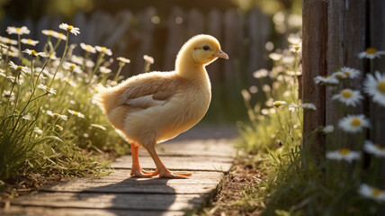 Obraz premium Cute chick in the idyllic country side yard