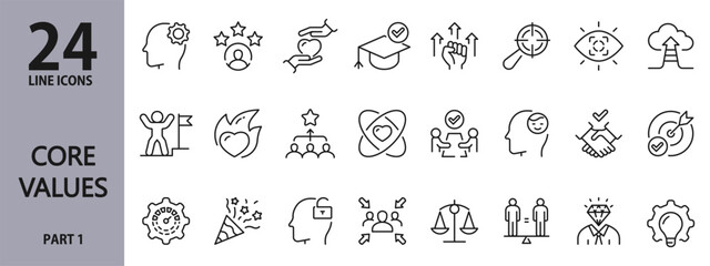 Core Values line icons set with Growth, Focus, Success, Quality, Handshake, Goal, Leadership, Positive, Teamwork, Trust and more. Editable Stroke