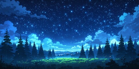 Ghibliinspired dense forest glowing under starlit sky on anime background