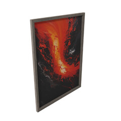 3d render of a picture oil painting of erupting volcano in wooden grey frame, abstract painting of erupting volcano
