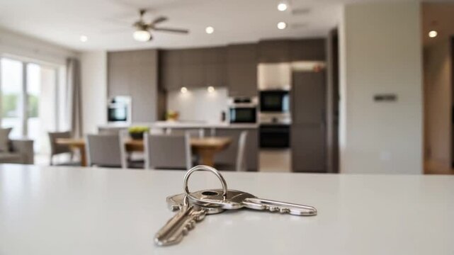 House keys on counter with blurred kitchen background symbolizing new home ownership