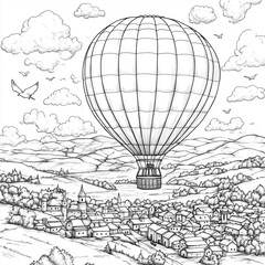 A kids&rsquo; coloring page of a hot air balloon ride over a town with fluffy clouds and birds flying by generative AI