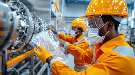 Fototapeta premium Industrial Engineer Examining Machinery at Factory Workshop