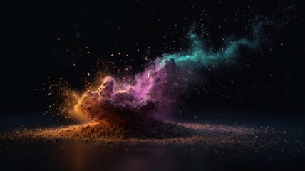 Obraz premium A Dramatic Close-Up of Golden Dust Particles Emanating from a Central Mound, Capturing Light in a Mysterious Dark Setting, Ideal for Evoking a Sense of Wonder and Intrigue in Creative