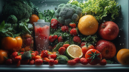 Fruits vegetables displayed refrigerator colorful fresh healthy organic light bright