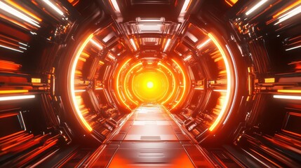 Obraz premium Futuristic Orange Corridor Glowing With Neon Lights