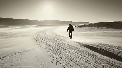 Lone figure walking snowy road, desert landscape, sun glare, winter travel