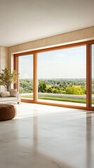 Fototapeta premium Bright interior with large windows offering panoramic views of green landscape in modern setting