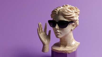 A statue of a woman wearing trendy sunglasses, great for use in designs about fashion, pop culture or street art