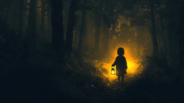 A child holding a lantern as they walk through a dark forest, the soft glow casting intricate shadows on the trees