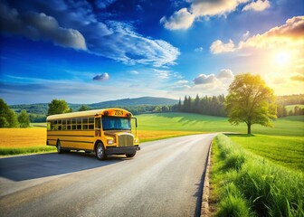 Fototapeta premium School Bus Driving on Asphalt Road, Rural Setting, Copy Space