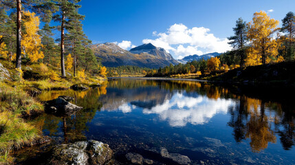Autumn reflections on a tranquil lake surrounded by mountains