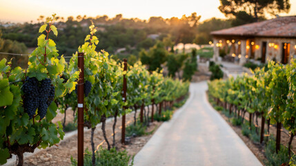 Sunset over vineyard with grapes and rustic building in the background