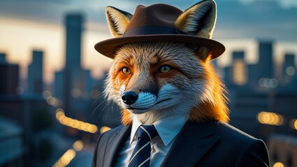 Dapper fox in a suit and hat posing in front of a city skyline