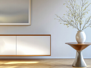 Modern interior design featuring a minimalist coffee table and decorative vase