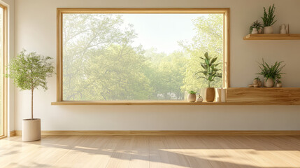 Fototapeta premium Bright and airy room with large window showcasing lush greenery outside during the day