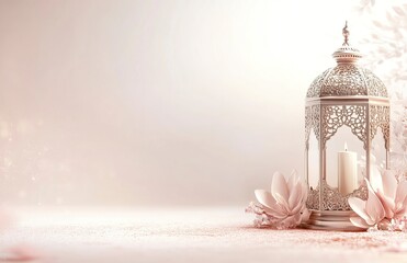 Fototapeta premium Ramadan background, color white with a small light pastel pink pattern, a large lantern, and a blank space for text on the right side, high-resolution photography.