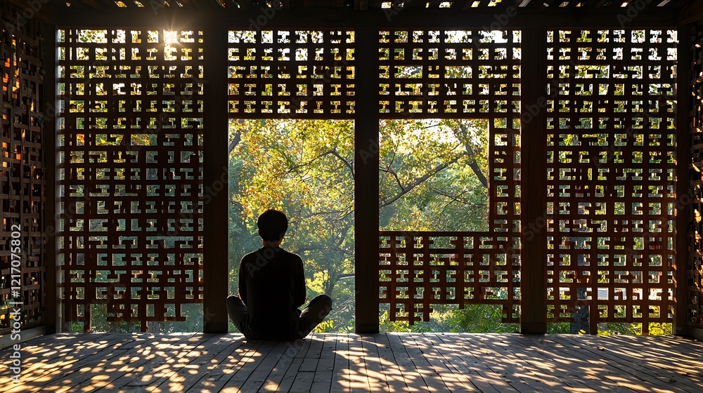 Poster a person sitting quietly in a gazebo, the interplay of light and shadow from the wooden latticework 
