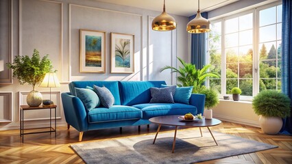 Serene Blue Sofa Living Room Interior Design Stock Photo