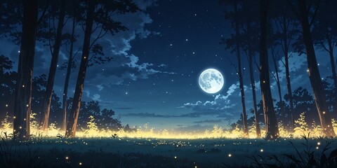 Moonlit forest edges glowing faintly dreamy on anime background