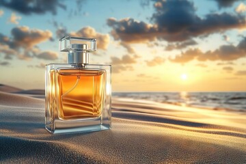 Perfume Bottle Against A Vibrant Ocean Sunset Scene