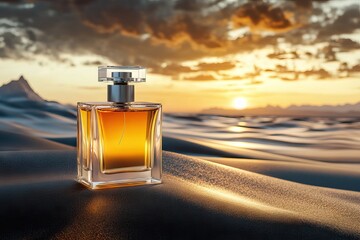 Perfume Bottle Against Golden Desert Sunset Sky
