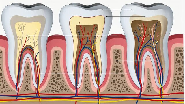 Tooth Anatomy Diagram: Detailed illustration of three teeth, showcasing internal structures like enamel, dentin, pulp, and periodontal ligament.  Perfect for educational materials or dental practices.