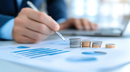 Businessman Analyzing Financial Data with Coins and Graphs
