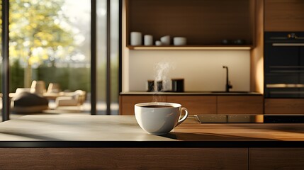 A modern open-plan kitchen with warm wooden cabinets, a large island, and a steaming cup of coffee resting on the countertop