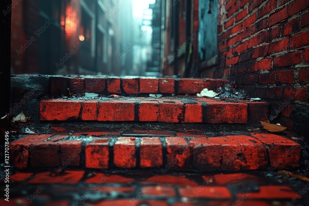 Poster steps lead up to a building with red bricks, ideal for architecture and construction images