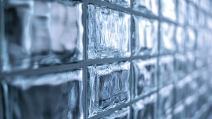 A close-up shot of a glass block wall with textured surface and sharp edges