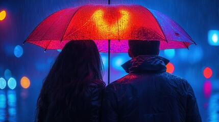 Couple Sharing an Umbrella in the Rain with Backlit Effects and Vibrant Colors