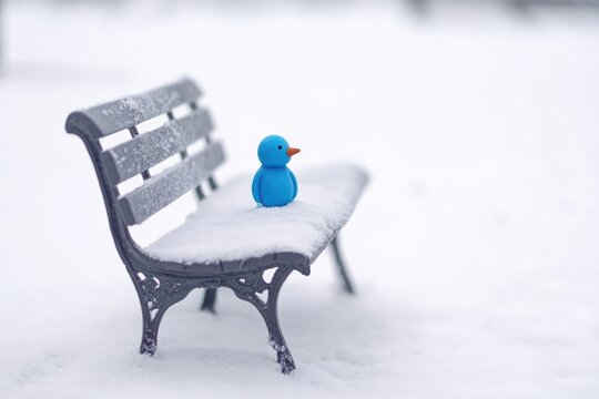 A small toy duck sits perched on a wooden bench surrounded by snow