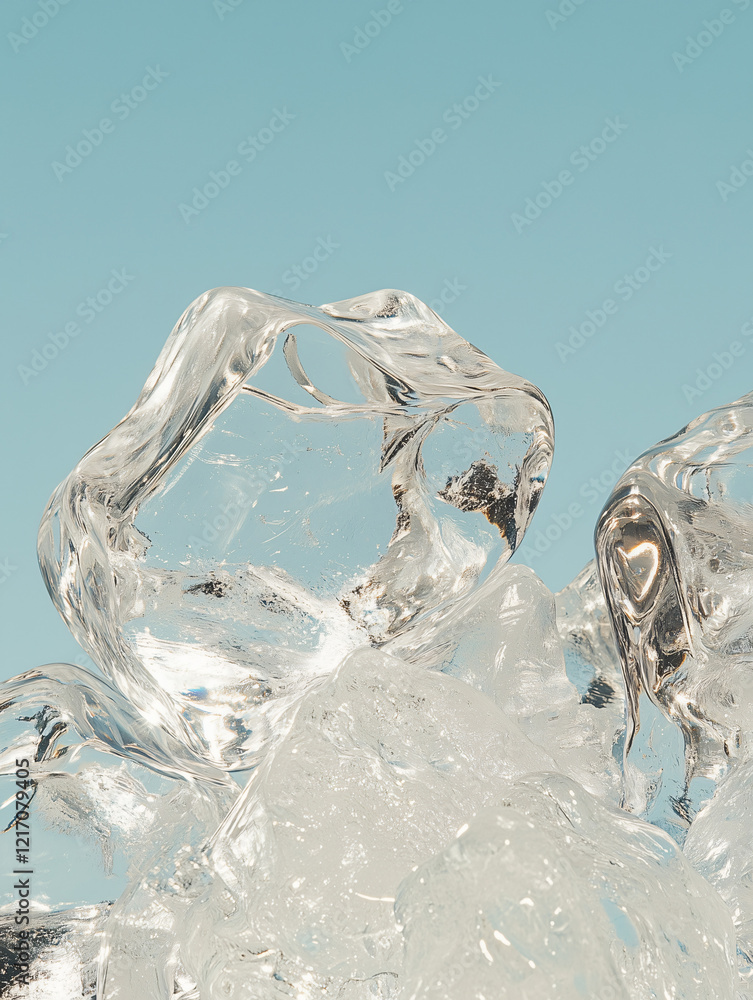 Poster crystal ice cubes: a close-up of a cluster of crystal clear ice cubes, glistening with a cool and re