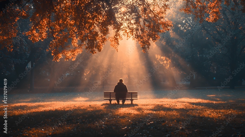 Poster a person sitting on a single wooden bench in an empty park, their quiet reflection illuminated by so