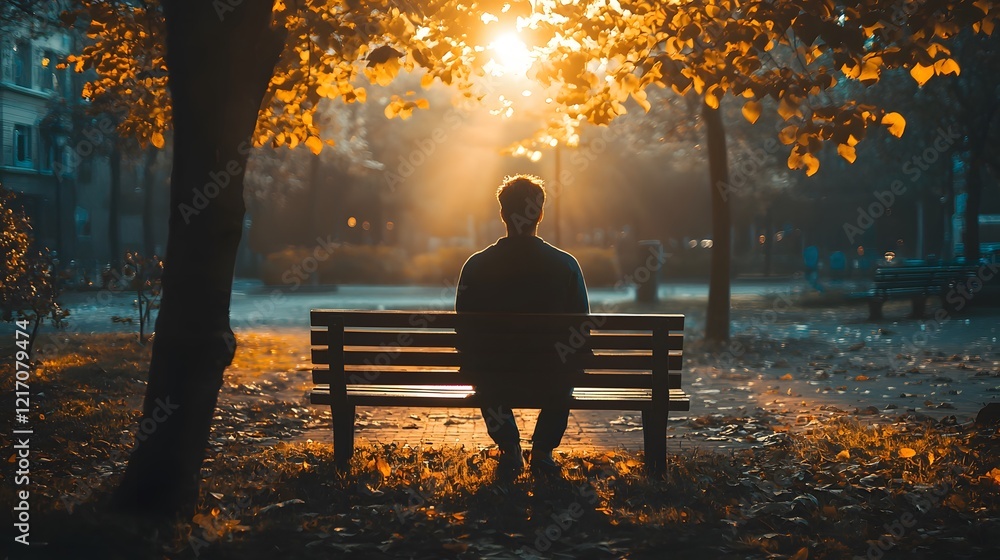 Poster a person sitting on a single wooden bench in an empty park, their quiet reflection illuminated by so