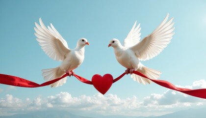 Obraz premium two white doves in the sky with a red ribbon and a heart