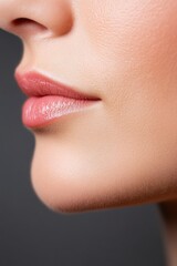 Close-up of a woman's face focusing on the lips and smooth skin, capturing a serene and soft expression.