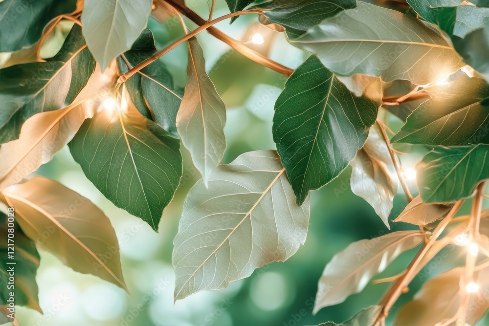 Poster discover the beauty of nature with glowing lights in this close up photo of green leaves, showcasing