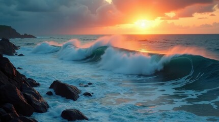 Naklejka premium Majestic ocean waves crash against the rocky shore as the sun sets, painting the sky with vibrant oranges and purples. A breathtaking display of nature's power and beauty.