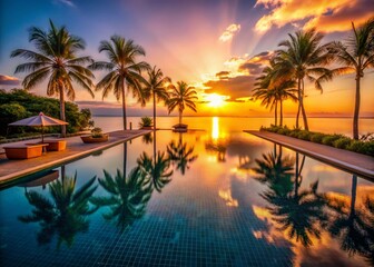 Fototapeta premium Serene Sunset: Infinity Pool Drone Photography - Luxurious Resort Relaxation
