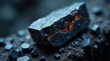 Close-up of a fractured dark gray rock with glowing orange interior. The texture is rough and the contrast between the dark rock and glowing orange is striking.