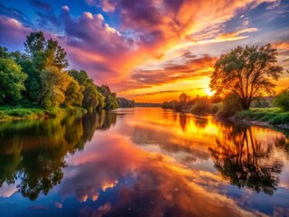Obraz premium Serene Sunset Riverbank: Golden Hour Landscape Photography
