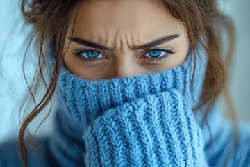 A person with their identity concealed by a blue scarf, possibly in a situation where anonymity is desired