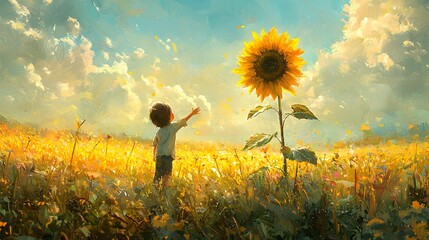 Fototapeta premium A child reaching out to touch the petals of a single sunflower in a vast field, their curiosity filling the quiet space