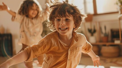 Silhouettes of kids holding hands and dancing in a bright living room. A warm, glowing moment of childhood fun. Great for creative, homey, and nostalgic projects.