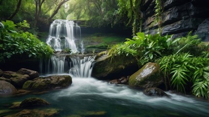 Fototapeta premium Serenity in Nature: A Stunning Waterfall Surrounded by Lush Greenery and Tranquil Waters in a Pristine Tropical